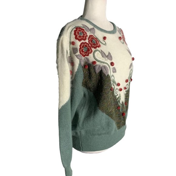 Vintage 80s Lambs Wool Angora Knit Sweater M Green Embroidered Floral Pullover - Picture 5 of 7